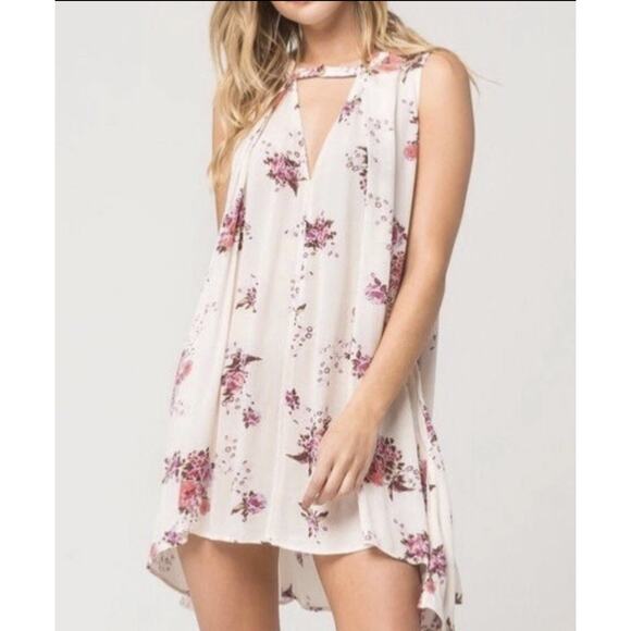 Free People Dresses & Skirts - Free People Womens Tree Swing Tunic Dress Sz Medium Boho Cream Pink Floral Hi Lo